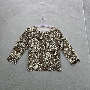Chico's Women Sweater 2 Brown Cotton Linen Cardigan Animal Print Artsy Office